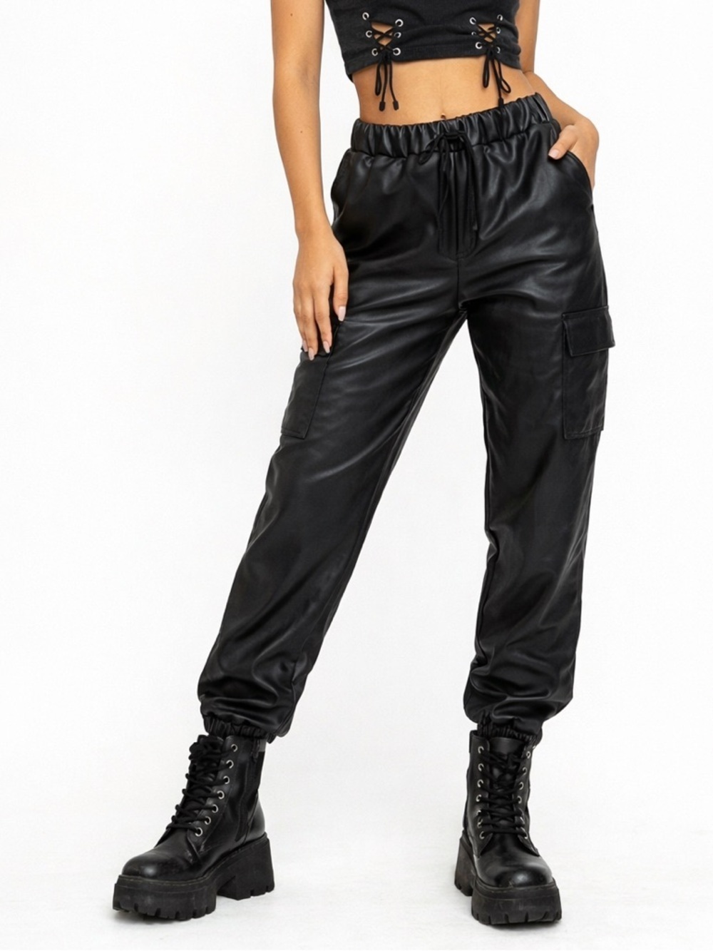 Black Faux Leather Cargo Joggers High Waist Edgy Y2K Pants L